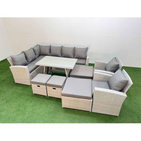 Fimous Garden Outdoor Rattan Furniture Set Rattan Corner Sofa Oblong Dining Table with 2 Armchairs 4 Footstools Light Grey Mixed 12 Seater (1/4)