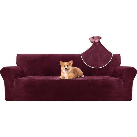 Samt Sofa Überzug 4 Sitzer, elastisch, rutschfest, weinrot (1/5)