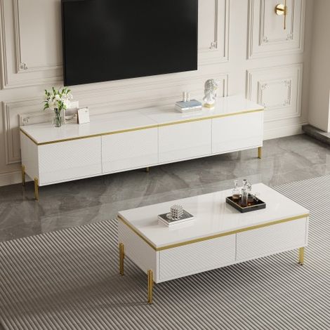 Modernluxe - Ensemble meuble TV et table basse - Surface brillante - Finitions dorées - Pieds en métal - Panneaux de particules - Blanc (1/5)