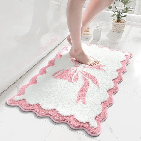 Pink and White Non-Slip Washable Bath Mat, Soft and Absorbent, Shell Knot Design, 46 x 64 cm (1/5)