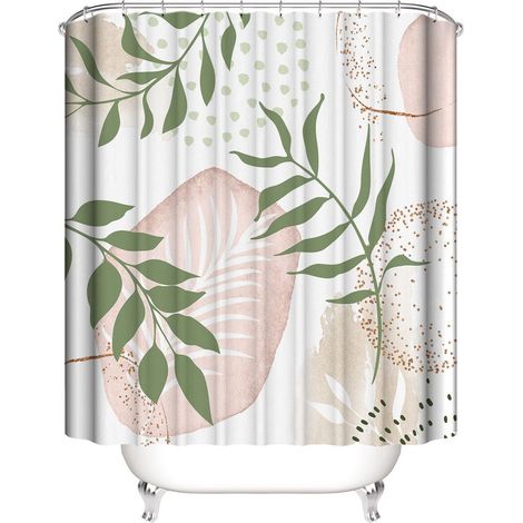 Ensemble rideau de douche à motif de feuilles - Design abstrait vert chic, aquarelle tropicale, décoration de salle de bain moderne avec crochets - Tissu lavable (1/5)