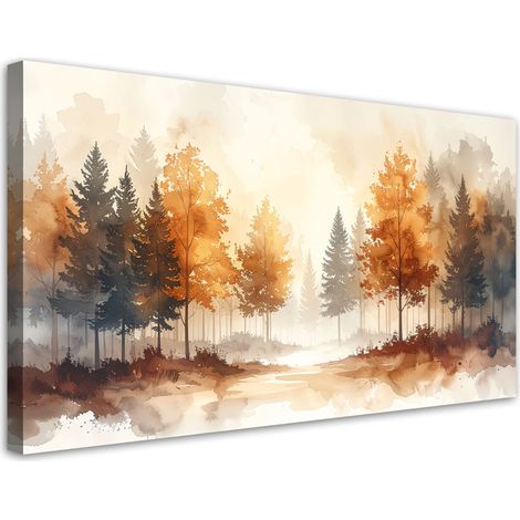 Tabelau sur Toile, Forêt beige automnale Paysage forestier aquarellé de style scandinave,80x40 (1/4)
