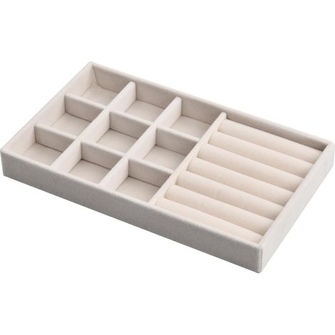 9 Grids Beige Velvet Jewellery Tray, 21 x 12.5 x 2.5 cm, Stackable Jewellery Storage Organiser with Compartments, Jewellery Trays Presentation Drawer, Display Box for Ring Bracelet Necklace (1/5)