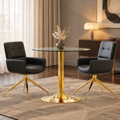 Essgruppe mit rundem Glastisch Ø 85 cm und 2 Drehstühlen, Schwarz und Gold (1/5)