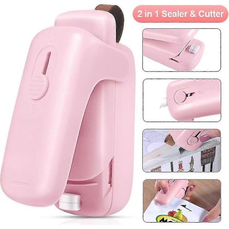 Mini scelleuse, scelleuse de sacs 2 en 1 avec cutter, scelleuse thermique, mini scelleuse portable, scelleuse de sacs en plastique (pile incluse) (rose) (1/4)