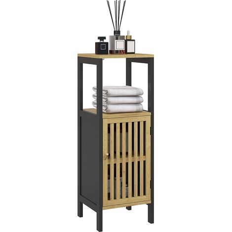 Mobile bagno in bambù con armadietto a 1 anta e nicchia a giorno, 32 x 30 x 90,5 cm, nero e legno