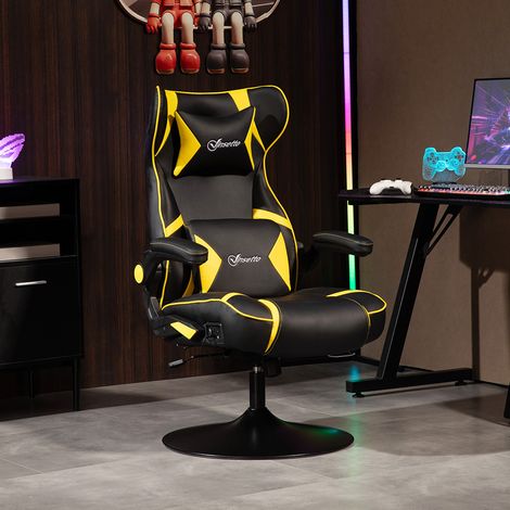 Fauteuil de jeu avec fonction bascule, haut-parleurs intégrés, soutien lombaire et cervical, pour salles de jeux, similicuir, jaune et noir. (1/5)