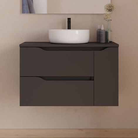 Meuble de salle de bain 80cm avec plateau et vasque à poser centrée Ares - sans miroir - 2 tiroirs et un placard - noir - ZARZA