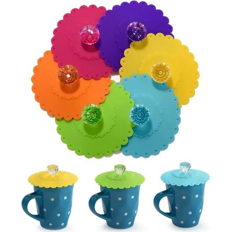 Lot de 6 couvercles de tasse en verre, couvercles de tasse anti-poussière en silicone de qualité alimentaire (1/5)