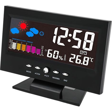 Temperatur- und Feuchtigkeitsuhr - Digitale Wetterstation mit Temperatur- und Feuchtigkeitsmessung - Digitaluhr mit LED-Hintergrundbeleuchtung (schwarz) (1/5)