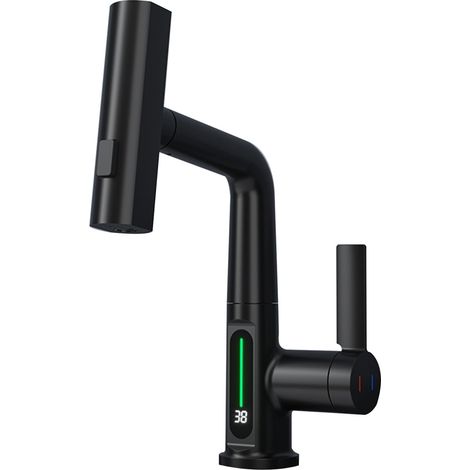 Rubinetto da cucina girevole 3 in 1, estraibile a 360°, con display LED intelligente della temperatura, per uso domestico e alberghiero (nero)