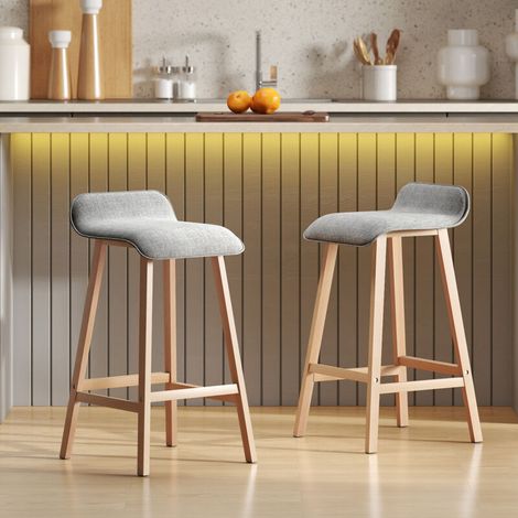 Taburetes de bar de estilo escandinavo - Juego de 2 taburetes de bar con reposapiés - Madera de abeto, tejido de poliéster con aspecto de lino gris (1/4)