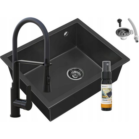 Évier en granit sous-plan Granitan Salix Noir avec Robinet Vegas Noir, Siphon Noir et Imprégnant GraniProtect 30 ml (1/5)
