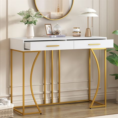 Table console, table d'entrée avec 2 tiroirs, table d'appoint légère de style luxe, table de salon, 120x38x76 cm, blanc/or (1/5)