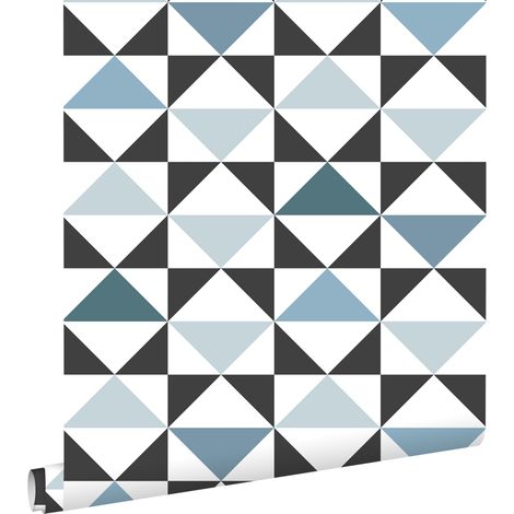 papier peint triangles blanc, noir, vintage bleu et bleu clair  - ESTAhome