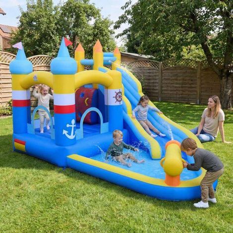 Château gonflable pour enfants avec toboggan aquatique, piscine, canon à eau et mur d escalade pour jardin et fêtes (1/5)
