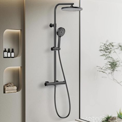Duschsystem Thermostat Schwarz mit 25cm Regendusche, 3 Strahlarten Handbrause, Höhenverstellbar (1/5)