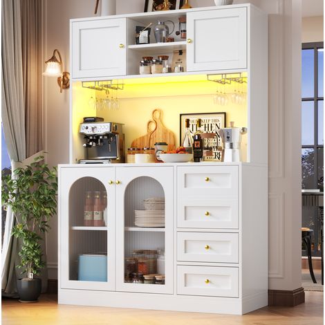 Buffetschrank 120x40x188 cm Weiß MDF mit Fluted-Glas, LED-Lichtleiste und großem Stauraum (1/5)