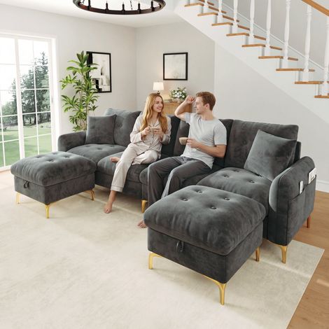 Canapé-lit modulable 4 places en forme de U avec 2 poufs de rangement et 2 coussins décoratifs, dimensions totales 263 × 137 × 85 cm, gris (1/5)