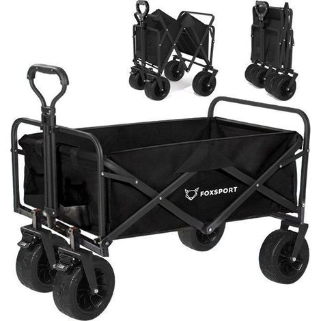 FOXSPORT Carrello pieghevole a mano - Carrello da giardino - Grandi ruote - Manico regolabile - carico 100 kg (90x47x57 cm) - Nero