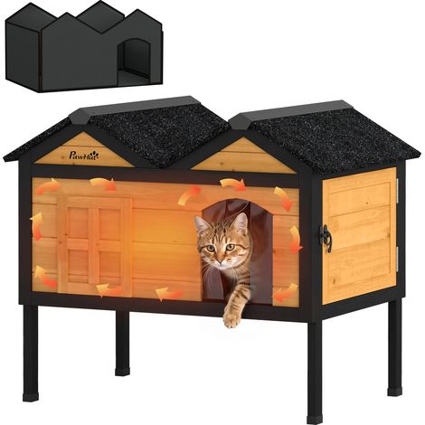 PawHut Outdoor Wooden Cat House, Insulated Cat Shelter, Raised Base (1/5)