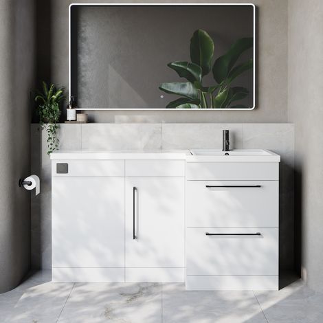 Napoli 390 Gloss White 1500mm 2 Drawer Vanity Unit Toilet Suite with Right Hand Square Lucia Basin - 1500mm - Matt Black 320mm HandleWithout Kingston Toilet Pan