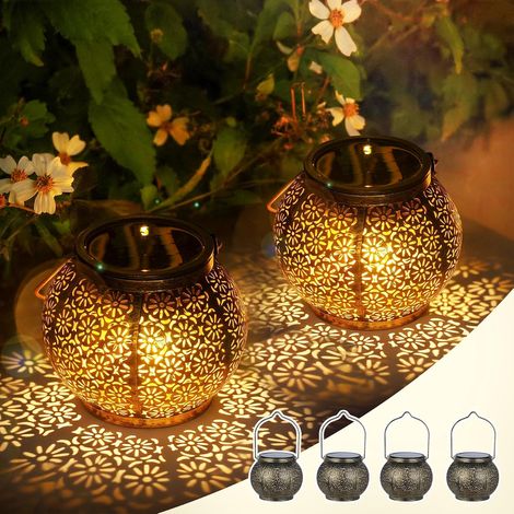 Lot de 4 lampes solaires à suspendre pour l'extérieur, étanches IP65, avec motif floral, en métal, pour extérieur, jardin, cour, cadeau de Noël (1/5)