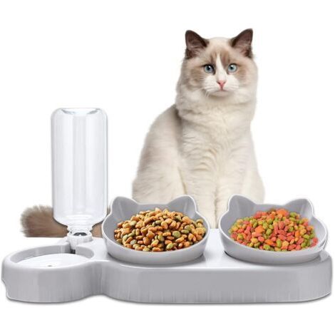 Gamelle Chat Double Surélevée, Distributeur Croquettes et Eau pour Chats et Chiens Automatique, Inclinable à 15° Protection du Cou, Anti-Vomissement, pour Petits Animaux(Gris) (1/5)