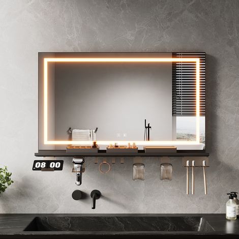 SIRHONA Anti-Fog Mirror lumineux de salle de bain with avec support de rangement noir, réglable en 3 couleurs, 100x60cm