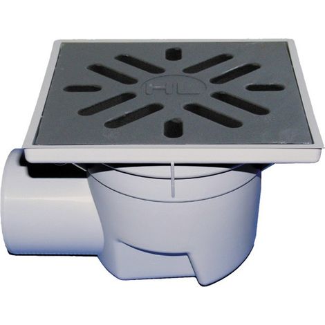 Scarico orizzontale 'Perfekt' DN110, portagriglia plastica 244x244mm, griglia ghisa 226x226mm, raccoglisporco, dispositivo antio (1/2)