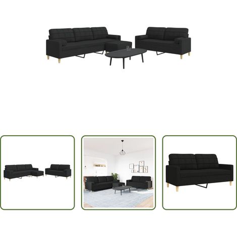 vidaXL Juego de sofá 3 piezas con reposapiés y cojines tela negro (1/5)