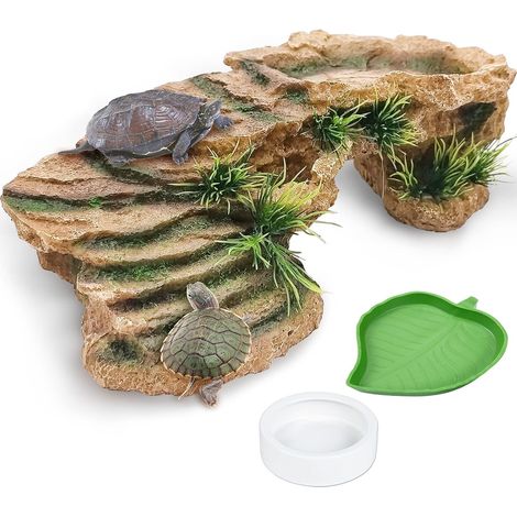 Lot de 3 Plates-Formes Tortue Hamiledyi, Résine Rocher, Rampe Escalade, Gamelle Eau Nourriture (1/5)