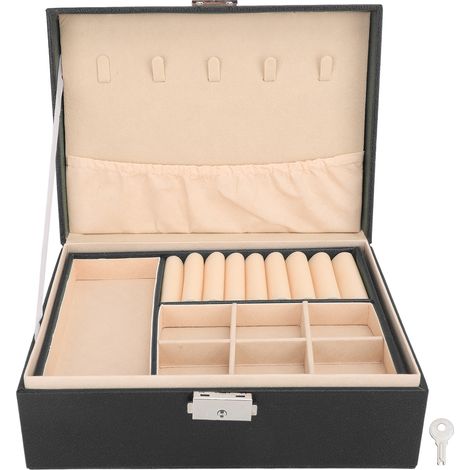 Boîte à Bijoux Double Épaisseur en Cuir PU Souple avec Serrure - Organisateur pour Colliers, Bracelets et Boucles d'Oreilles Noir (1/5)