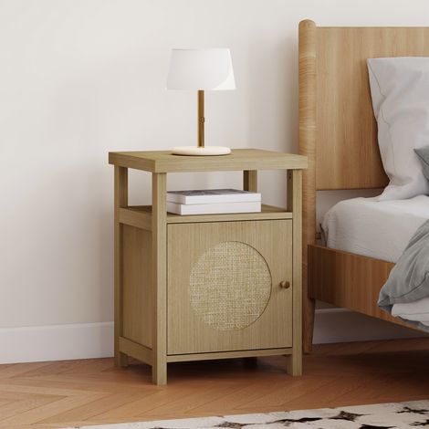 Table de nuit 40x35x55 cm naturel avec porte en rotin avec étagère ouverte et compartiment Bois