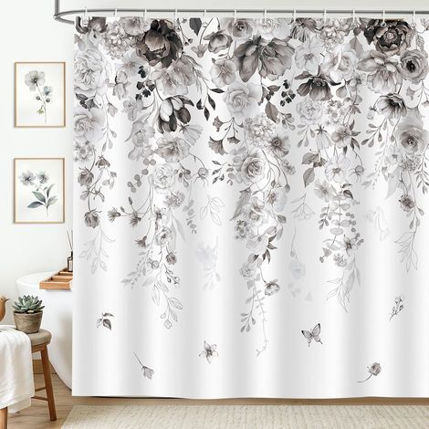 Rideau de Douche Aquarelle Fleurs Roses Grise Printemps 180x200cm (1/5)