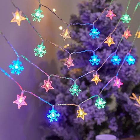 Guirlande lumineuse à boules pour créer une ambiance chaleureuse, guirlande lumineuse extérieure à piles, motif étoiles et flocons de neige, 6,5 m, 30 ampoules (solaire, 8 modes), couleurs variées. (1/5)