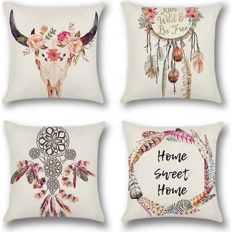 Ensemble de 4 housses de coussin attrape-rêves en polyester et lin pour voiture, canapé et décoration intérieure, 45 x 45 cm (1/5)
