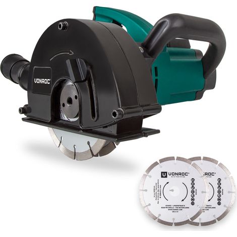 Vonroc – Rainureuse 1700 W 150 mm – 4 disques diamant pour béton et pierre – Profondeur de coupe 5-40 mm – Raccord aspirateur inclus
