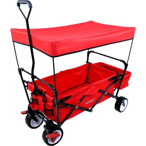 Fuxtec Bollerwagen CT350, carro plegable de accionamiento manual - transporte de niños - playa - cualquier terreno, jardin - capota desmontable, asa de tracción, 4 ruedas, bolsa trasera y funda - Rojo