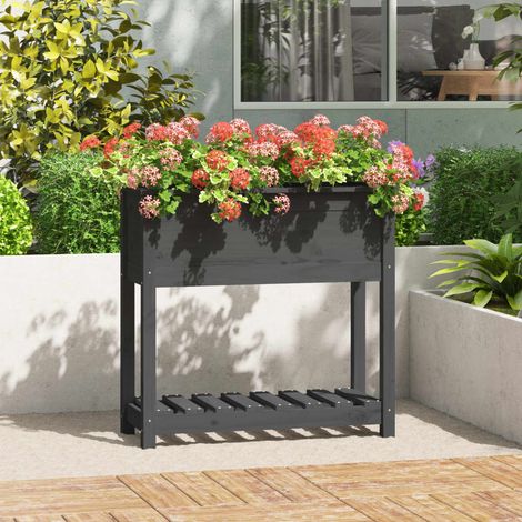 Jardinera con estante madera maciza pino gris 82,5x34,5x81 cm (1/5)