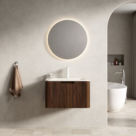Meuble lave-mains suspendu 60 cm en pierre frittée beige et contreplaqué finition noyer, avec tiroir LED prémonté (1/5)