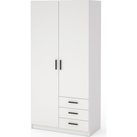 Armadio Con 2 Ante E 3 Cassetti Armadietto Multiuso Con Barra Appendiabiti E 4 Ripiani Di Cui 2 Regolabili Design Moderno Funzionale 98.5 x 49.8 x 200.4 Cm Bianco