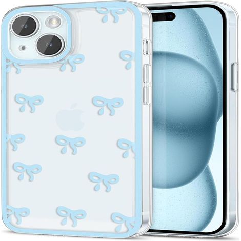 iPhone 15 Skal, Genomskinligt Sött Band Rosett Mönster Estetiskt Transparent Telefonskal Upphöjt Kameraskydd Stilrent Slim - Blå (1/5)