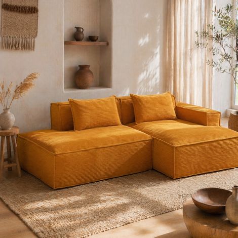Canapé 233x129x70 cm jaune moutarde, 2 coussins, tissu polyester, design moderne MEUBLIV (1/5)