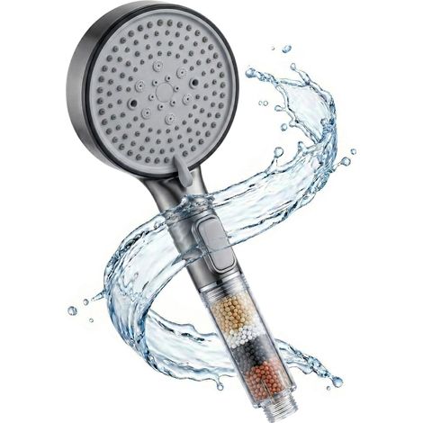 Pommeau de Douche Anti-Calcaire Gris Graphite à Billes, 5 Modes de Jets, Filtration Calcaire, Modèle Universel, Léger et Esthétique pour Salle de Bain (1/4)