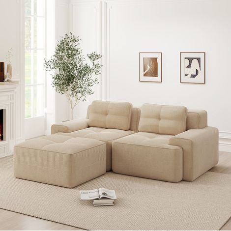 Modulares Ecksofa aus beigem Cord mit Ottomane, 2-Sitzer OKMYHOME (1/5)