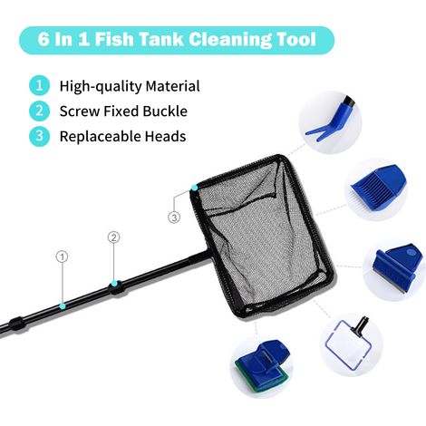 Outil de nettoyage d'aquarium 6 en 1, algues avec râteau à gravier, brosse, grattoir à filet, ensemble télescopique à long manche (1/5)