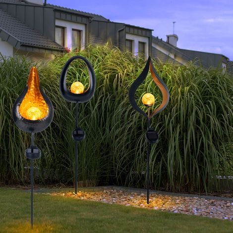 Solarleuchte Flamme Garten Solarstab für Außen Solar Deko für Außen mit Erdspieß und Flammeneffekt, Metall Glas, 1x LED, H 93 cm, 3er Set