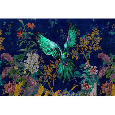 Papier peint panoramique tropical mutlicolore Tapisserie panoramique perroquet et fleurs Papier peint panoramique moderne pour salon (1/2)