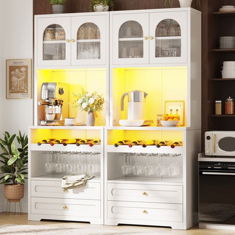 Armoire haute avec portes vitrées incurvées, éclairage LED contrôlé par application et synchronisation musicale, étagères réglables, casier à vin, port USB, dispositif anti-basculement, pour salon et (1/5)